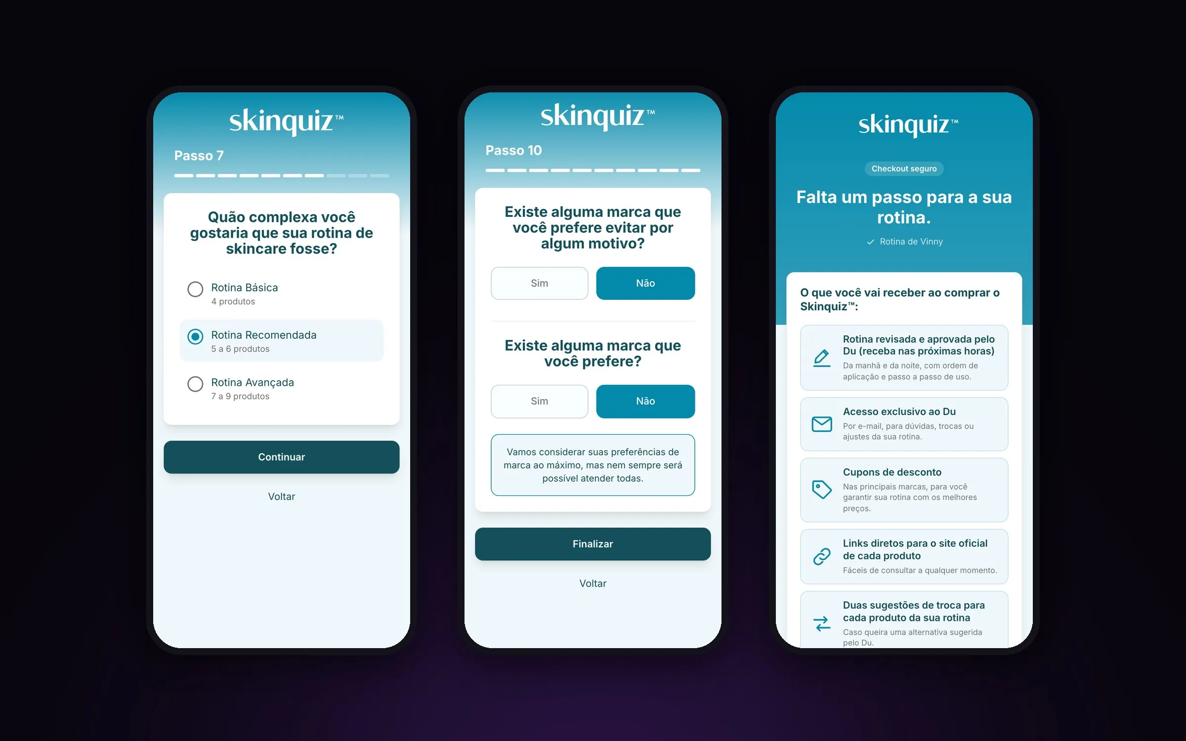 Final do quiz e checkout — complexidade da rotina, marcas e pagamento