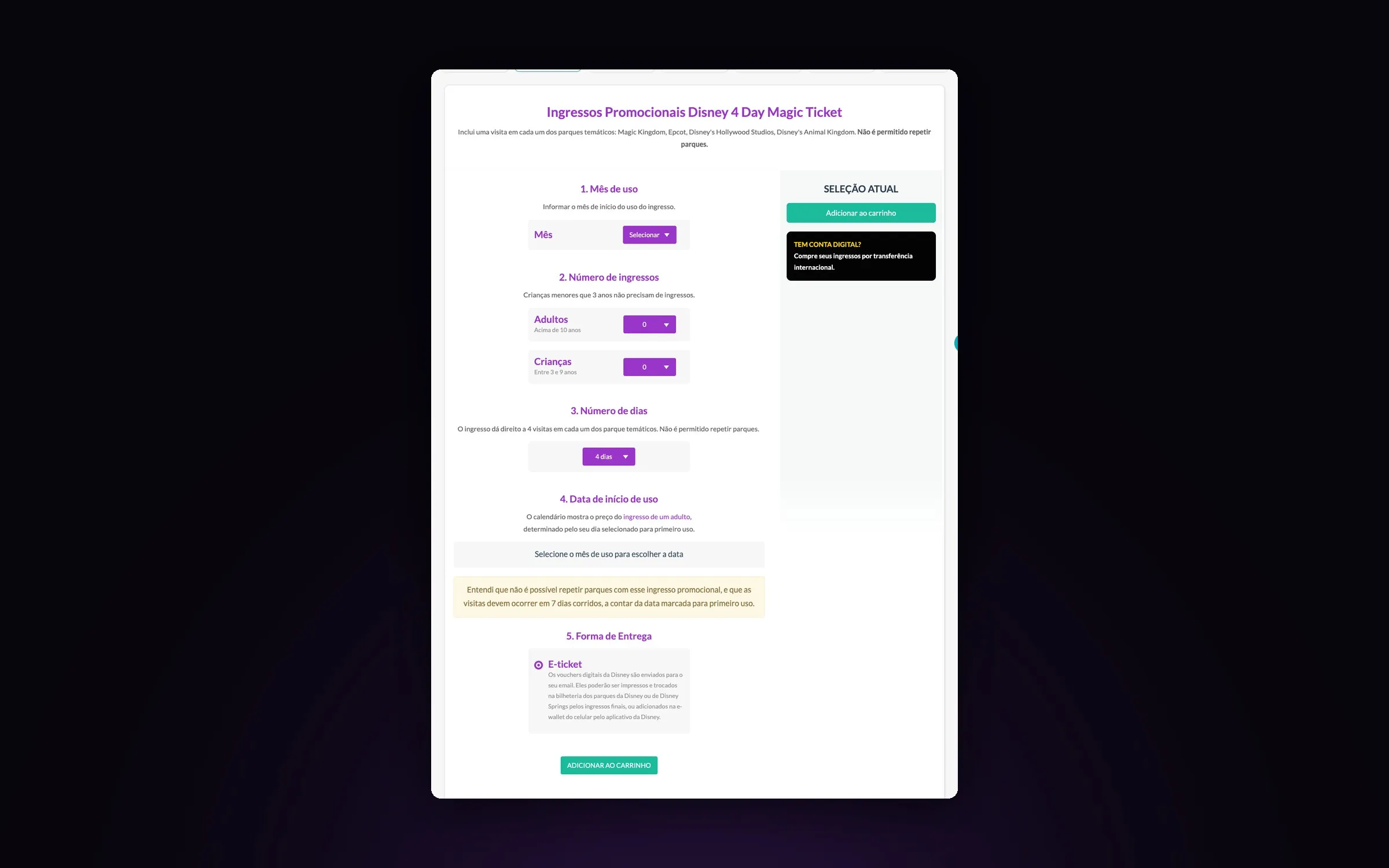 Configurador de ingressos Disney, montado por etapas