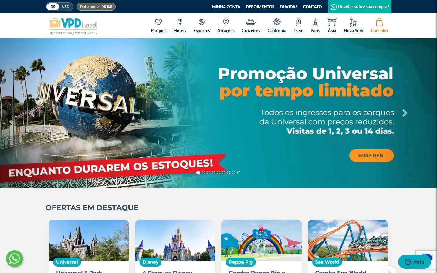 Página inicial da VPD Travel no desktop