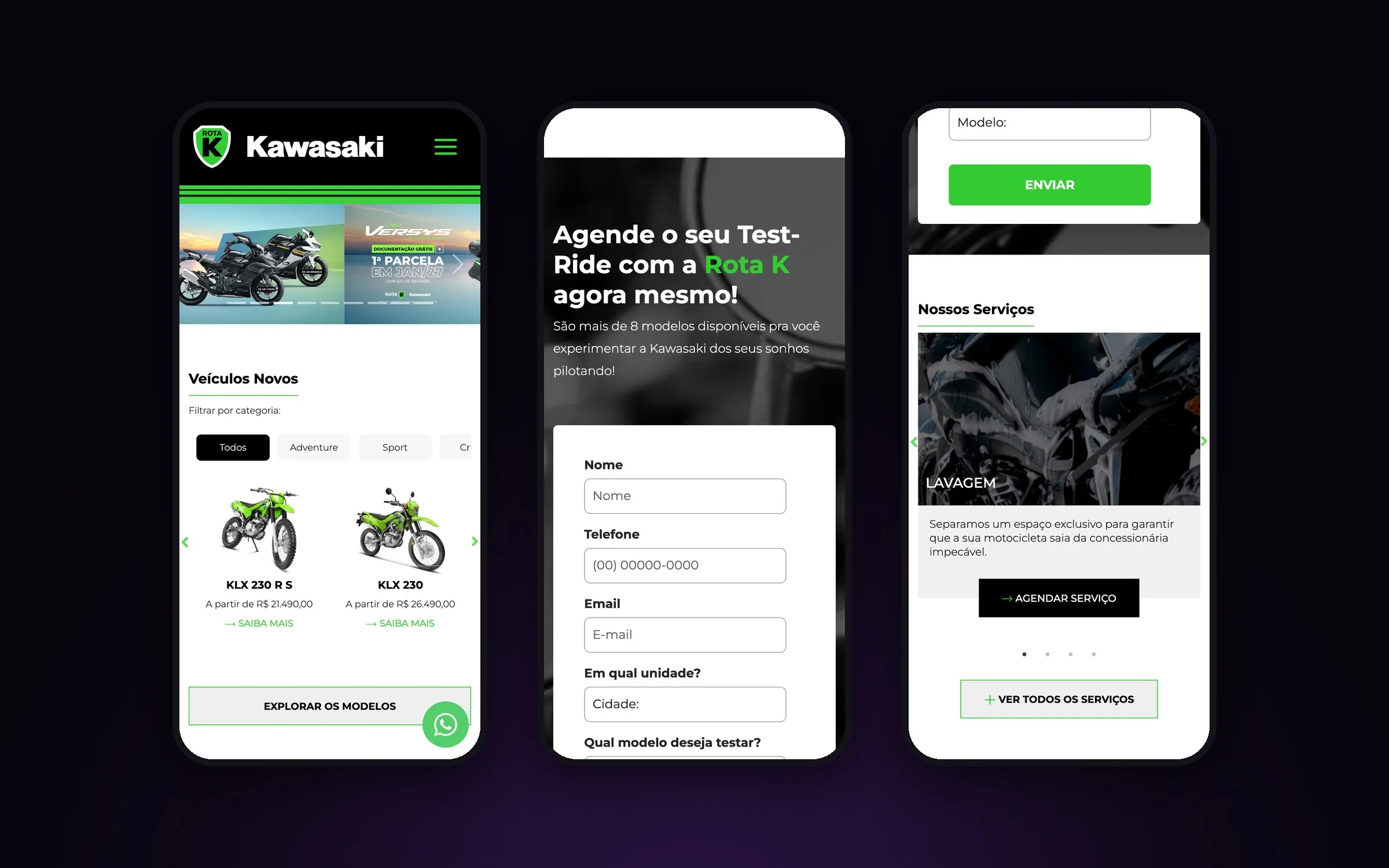 Três telas do site da Rota K Kawasaki no celular