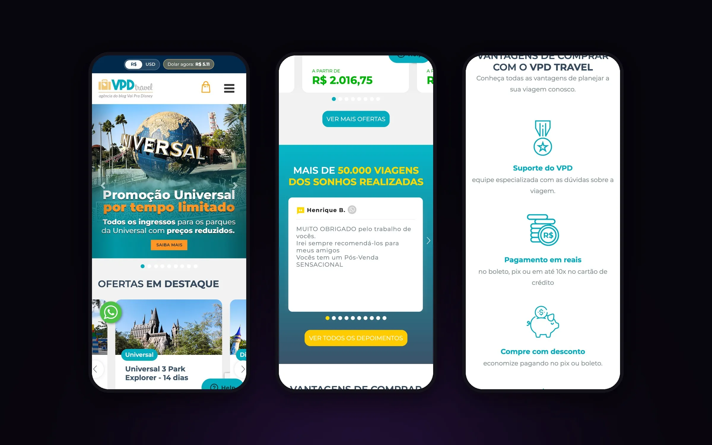 Três telas do site da VPD Travel no celular