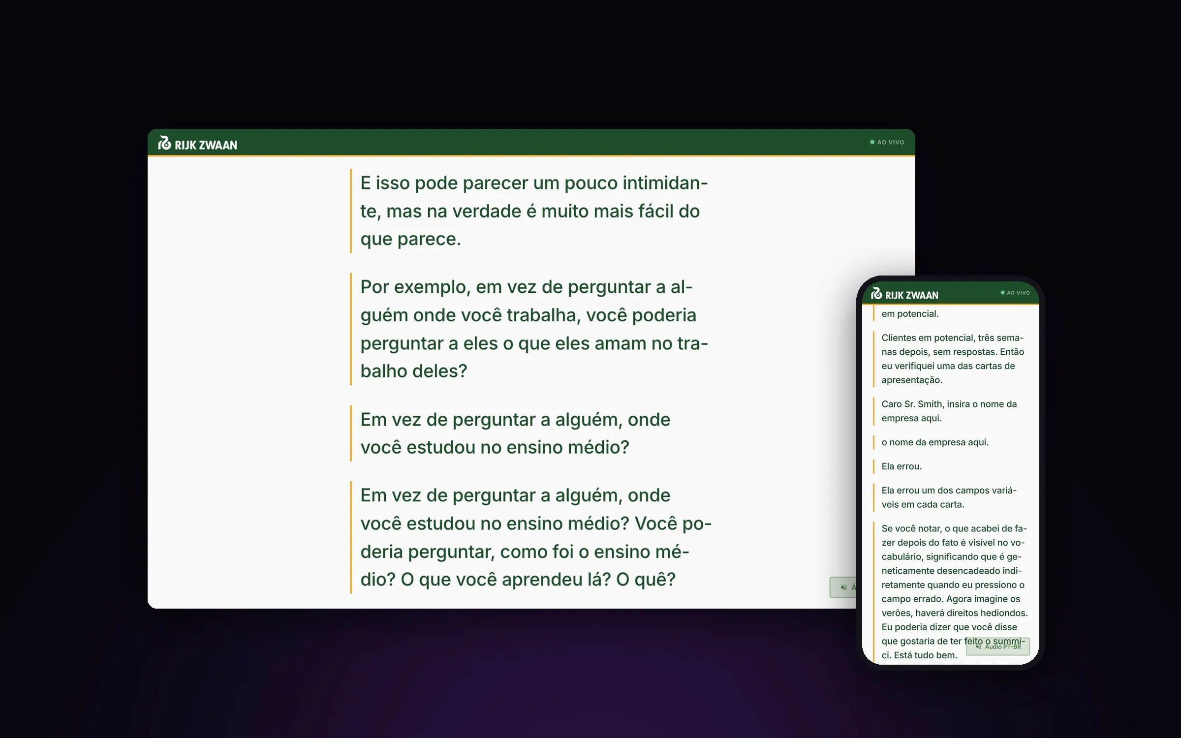 Tela do público no computador e no celular, com a tradução aparecendo ao vivo