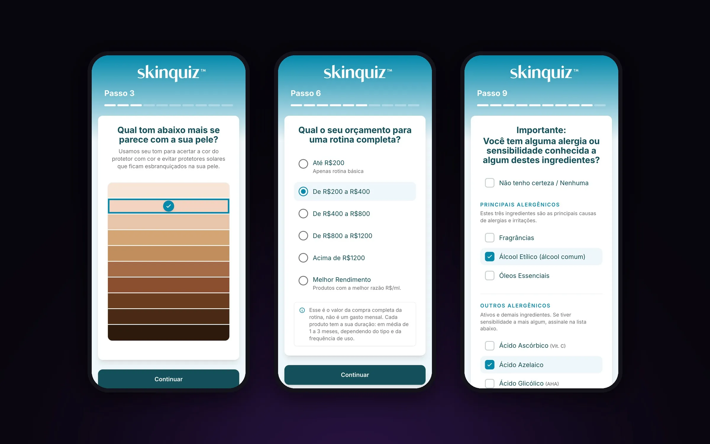Passos do quiz no celular — tom de pele, orçamento e alergias