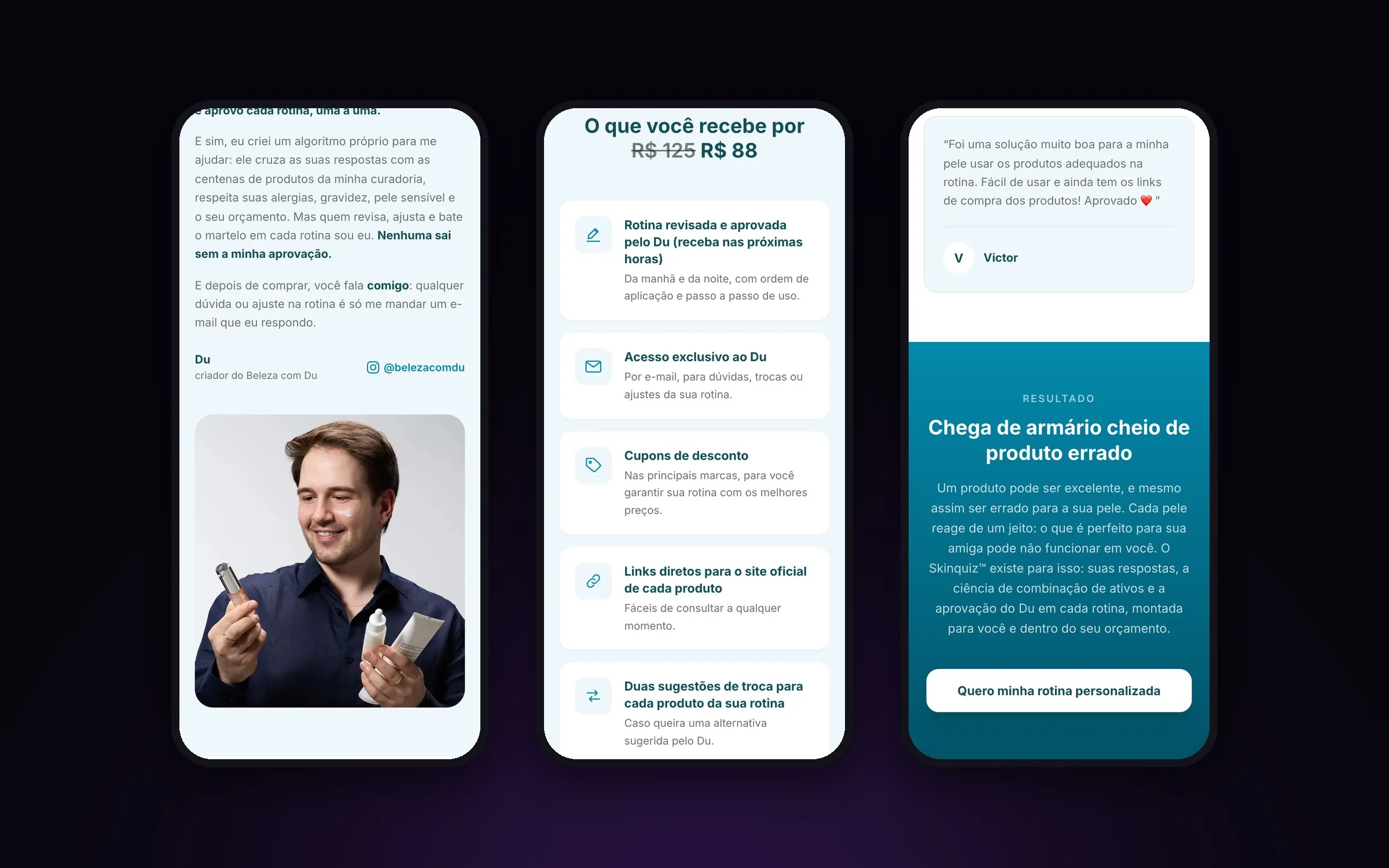 Telas do Skinquiz com a apresentação do Du, o que está incluído e o resultado