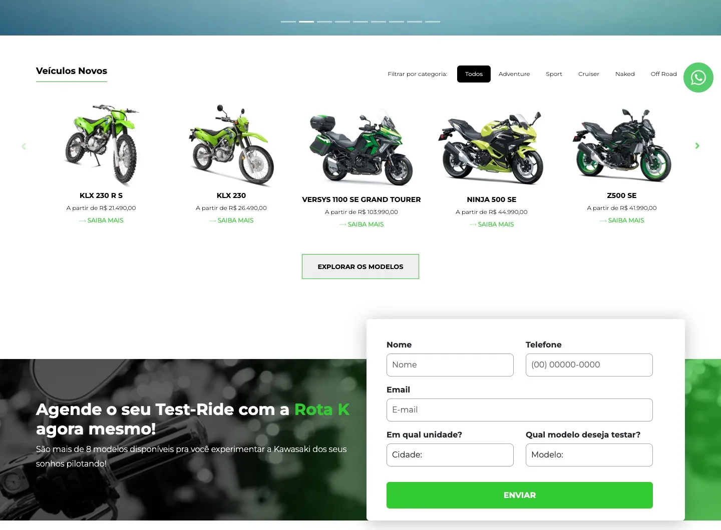 Catálogo de motos novas e formulário de agendamento de test ride
