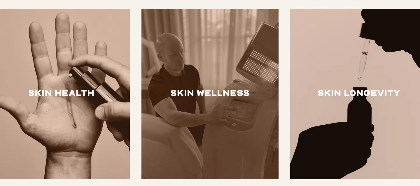 Seção de tratamentos com Skin Health, Skin Wellness e Skin Longevity